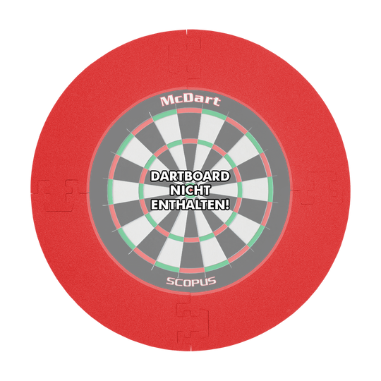 DBSrot2020_McDart_Catchring_Premium_Made_in_Germany_Edition_2020_Rot_1 Das Bild zeigt den McDart Catchring Premium Rot - Made in Germany Edition. In der Mitte steht, dass das Dartboard nicht enthalten ist.