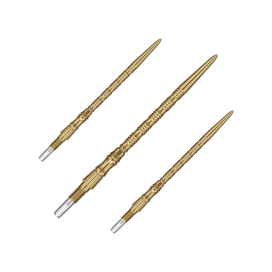 Ocelové hroty na šipky Target Signature Swiss Point TRB - zlaté Das Bild zeigt ein Set goldener Dartspitzen mit 42mm Länge. Die Spitzen sind Target SwissPoint Signature TRB Dartspitzen.