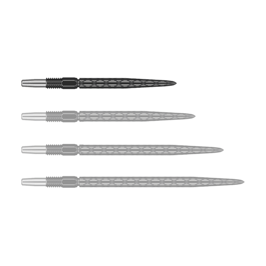 Zaměřte hroty šipek Swiss Diamond Pro Black Points Auf dem Bild sind vier schwarze Dartspitzen mit silbernem Gewinde zu sehen. Die Spitzen haben ein rautenförmiges Muster auf der Oberfläche.