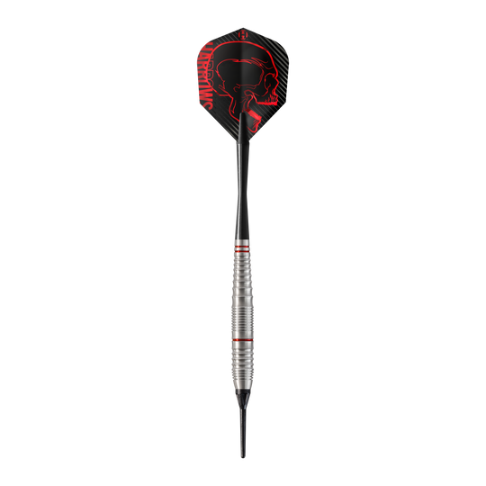 Harrows Rage Softdarts Das Bild zeigt einen Harrows Rage Softdart mit silbernem Griff und schwarzer Spitze. Das Dartflight ist schwarz mit einem roten Totenkopf und der Aufschrift "HARROWS" verziert.