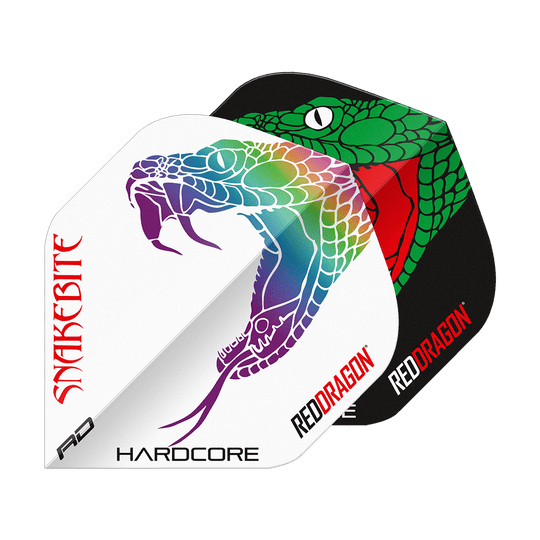 Red Dragon Peter Wright Uštknutí hadem Černá Bílá Jin Jang Standardní lety Das Bild zeigt zwei Dart-Flights mit auffälligen Schlangenmuster-Designs in Schwarz und Weiß. Auf beiden Flights stehen die Wörter "Snakebite" und "Red Dragon".