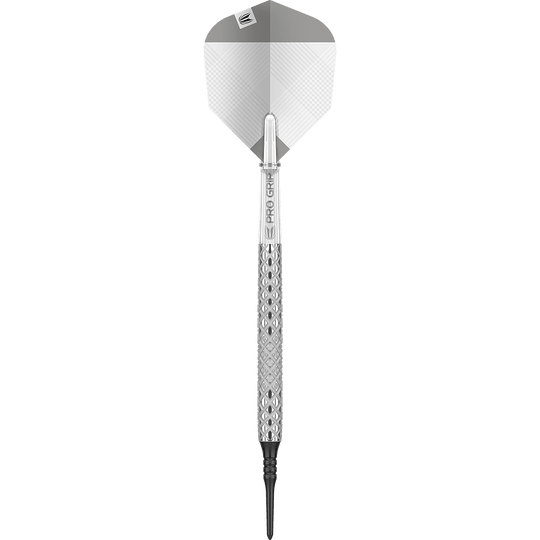 Šipky Target Nastri 11 měkké Das Bild zeigt einen Target Nastri 11 Softdart. Der Dartpfeil hat ein silbernes Design mit einer strukturierten Griffzone und einer schwarzen Kunststoffspitze.