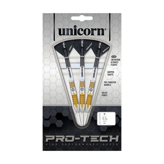 27706_Unicorn_Pro-Tech_Style1_Steeldarts_3 Auf dem Bild ist eine Verpackung mit drei Steeldarts der Marke Unicorn zu sehen. Die Darts sind Teil der Pro-Tech-Serie und bestehen aus 90% Wolfram.