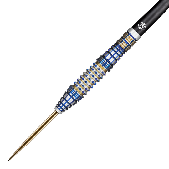Das Bild zeigt den Shot Future Knights Darkstar Steeldart mit einem Gewicht von 23 Gramm. Der Dart hat ein auffälliges Design mit goldenen, blauen und silbernen Akzenten.