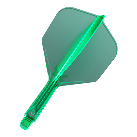 Letový systém Target K-Flex No6 - zelený Das Bild zeigt eine grüne Dart-Flügel- und Schaft-Kombination. Das Material wirkt transparent und hat eine glatte Oberfläche.