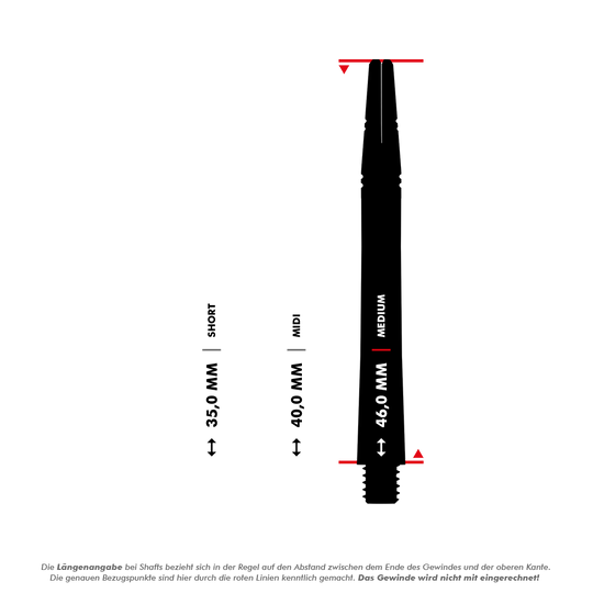 Hřídele Harrows Alamo VS2 - zelené Das Bild zeigt drei unterschiedlich lange Dartschäfte (Short, Midi, Medium) mit ihren jeweiligen Längen in Millimetern. Die Maße beziehen sich auf den Abstand zwischen dem Ende des Gewindes und der oberen Kante, das Gewinde wird nicht mitgerechnet.