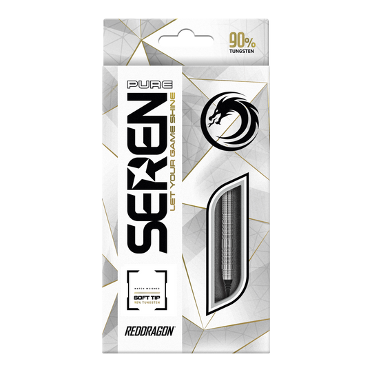 Die Abbildung zeigt die Verpackung der "Red Dragon Seren 2 Pure Softdarts - 20g". Auf der Packung sind das Produkt durch ein Sichtfenster sowie der Schriftzug "90% Tungsten" und das Red Dragon Logo zu sehen.