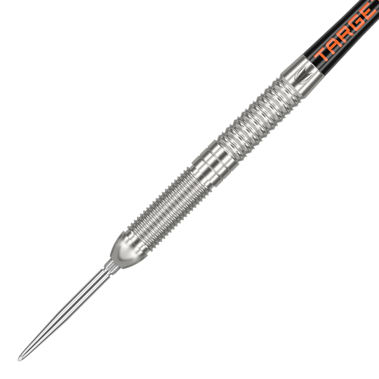 Das Bild zeigt einen silbernen Steeldartpfeil mit geriffeltem Griff. Am oberen Ende ist der Schriftzug "TARGET" in orange zu sehen.