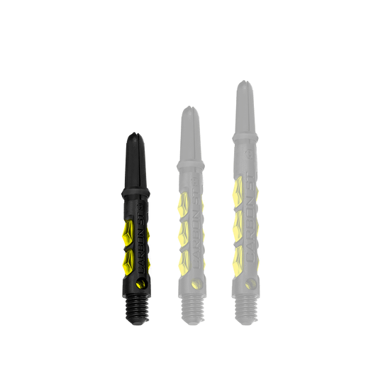 Das Bild zeigt drei Harrows Carbon ST Shafts in Gelb. Sie sind in unterschiedlichen Längen angeordnet und haben ein schwarz-gelbes Design.