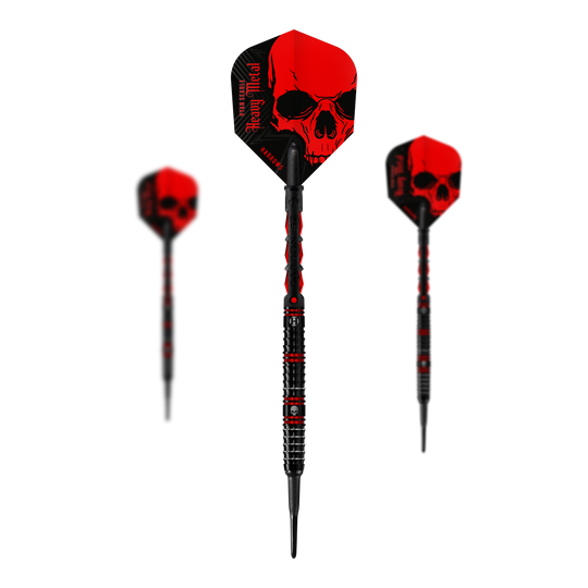 Měkké šipky Harrow's Ryan Searle Heavy Metal Die Abbildung zeigt die Harrows Ryan Searle Heavy Metal Softdarts. Die Darts sind schwarz-rot gestaltet und haben ein auffälliges Totenkopf-Motiv auf den Flights.