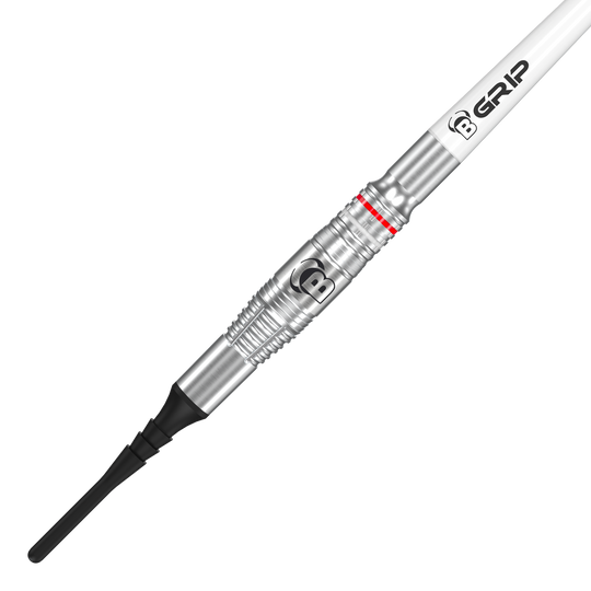 Das Bild zeigt einen Bulls Niko Springer Softdart mit einem Gewicht von 22g. Der Dart hat eine silberne Metallspitze und einen weißen Schaft mit der Aufschrift "B GRIP".