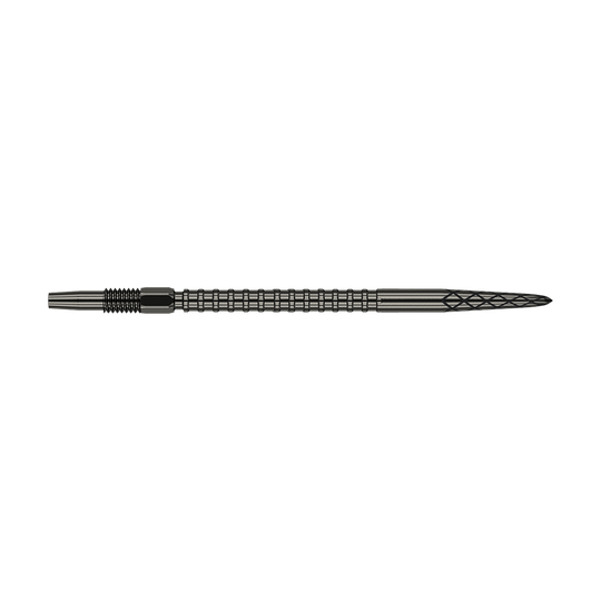 Das Bild zeigt eine schwarze Dartspitze mit gerillter Struktur und feiner Diamantmusterung an der Spitze. Die Spitze ist lang und schlank gestaltet und misst 40 mm.