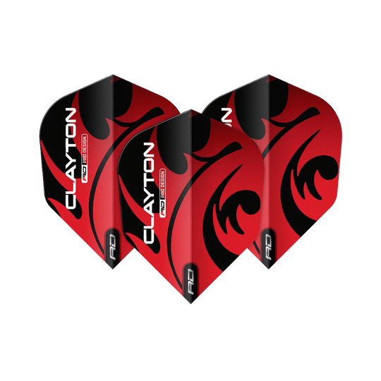 Letky Red Dragon Jonny Clayton Red Black No6 Auf dem Bild sind drei Dartflights des Produkts "Red Dragon Jonny Clayton Red Black No6 Flights" zu sehen. Die Flights sind rot-schwarz gestaltet und tragen den Aufdruck "CLAYTON".