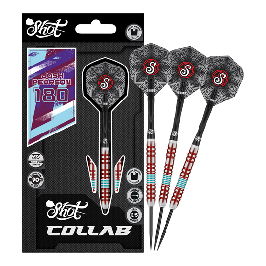 Šipky Shot Collab Pro Series Josh Pearson Steeldarts - 23g Das Produkt Shot Collab Pro Series Josh Pearson Steeldarts - 23g wird gezeigt. Die Darts besitzen eine präzise Verarbeitung für maximale Leistung.