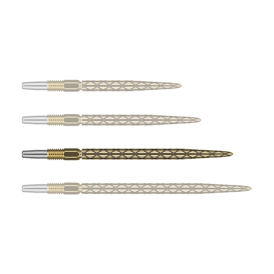 Zaměřte hroty šipek Swiss Diamond Pro Gold Das Bild zeigt vier goldfarbene Dartspitzen mit rautenförmigem Muster. Die Spitzen sind nebeneinander angeordnet und haben am Ende einen silbernen Abschnitt.