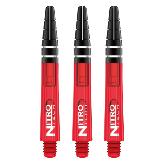 C443_Nitrotech_Short_Red_V Das Bild zeigt drei rote RedDragon Nitrotech Shafts, die für Darts verwendet werden. Sie haben ein modernes Design mit schwarzen und silbernen Akzenten.