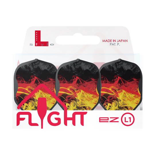 Das Bild zeigt die L-Style RYB-Series Type D Black L1EZ Flights in einer Verpackung. Die Flights haben ein auffälliges Design mit schwarzen, roten und gelben Farben.