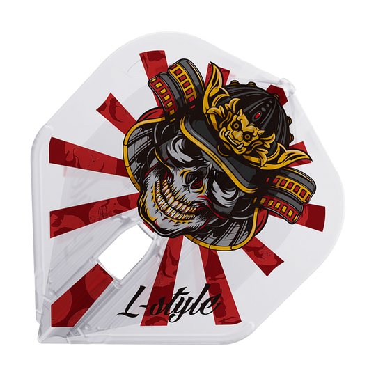 Das Bild zeigt ein Dartflight mit einem auffälligen Samurai-Schädel-Design in Schwarz, Rot und Gelb. Im Hintergrund sind rote Strahlen auf weißem Grund sowie der Schriftzug „L-Style“ zu sehen.
