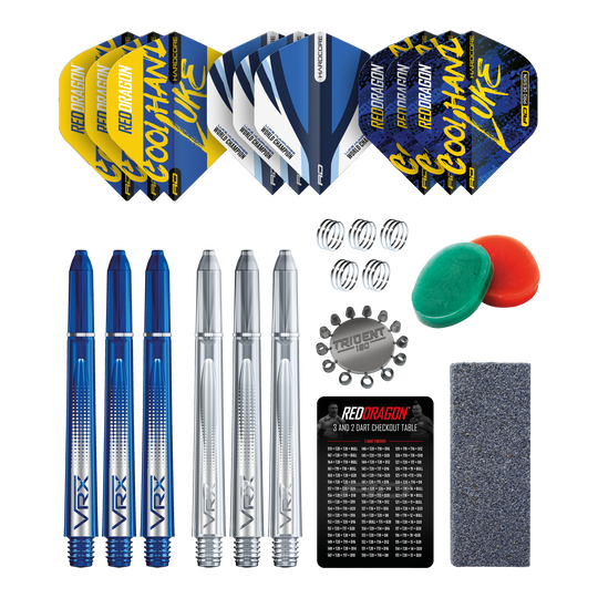 Sada doplňků Optima pro Red Dragon Luke Humphries Das Bild zeigt das Red Dragon Luke Humphries Optima Zubehör Pack für Darts. Enthalten sind Flights, Shafts, Federn, Tridents, ein Schleifstein, ein Checkout-Table, sowie weiteres nützliches Dartzubehör.