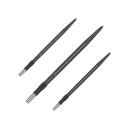 Šipkové hroty Target Swiss Point DX - černé Auf dem Bild sind drei schwarze Dartspitzen abgebildet. Sie sind lang und haben eine strukturierte Oberfläche für besseren Halt.