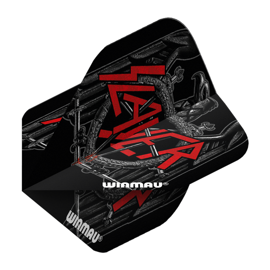 6905-221_Winmau_Rockstar_Legends_Slayer_Black_Eagle_Standard_Flights_2 Das Bild zeigt die "Winmau Rockstar Legends Slayer Black Eagle Standard Flights" für Dartpfeile. Die Flights sind hauptsächlich schwarz mit einem auffälligen roten Slayer-Logo und dem weißen Winmau-Schriftzug.