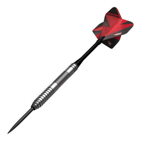 Das Bild zeigt einen Bulls NL Lightning Red Steeldart mit silbernem Barrel und roten Flights. Der Dart hat ein modernes Design und ist für Präzision beim Spielen gemacht.