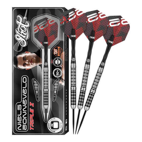Ocelové šipky Niels Zonneveld V2 Das Bild zeigt das Produkt "Shot Niels Zonneveld V2 Steeldarts" samt Verpackung und vier Steeldarts. Die Darts haben ein silber-schwarzes Design mit roten Flights.