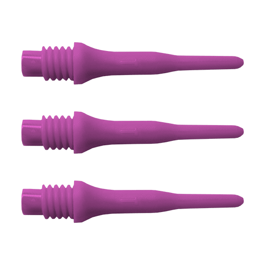 896_Bulls_Tefo_X_Softdart-Spitzen_100erPack_Pink_1 Das Bild zeigt drei lila Kunststoffspitzen mit Gewinde. Es handelt sich um das Produkt "Bulls Tefo X Spitzen (100er Pack)".