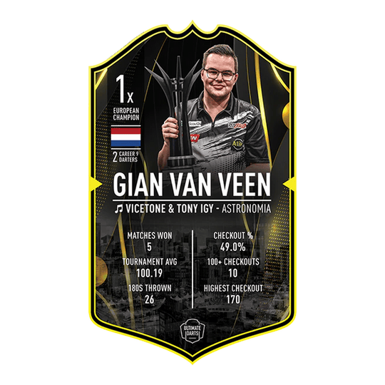 Ultimate Darts Card – Gian Van Veen Ultimate Darts Card - Gian Van Veen. Diese Karte zeigt den Spieler Gian Van Veen aus der Ultimate Darts Card Serie.
