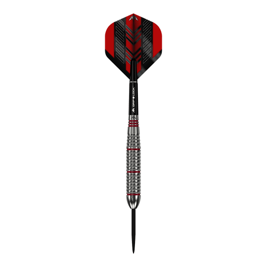 Šipky Mission Rogue Brass Steel - 22g Das Bild zeigt einen Mission Rogue Brass Steeldart mit einem Gewicht von 22 Gramm. Der Dart hat ein silbernes, geriffeltes Barrel und rote sowie schwarze Akzente an Flight und Shaft.