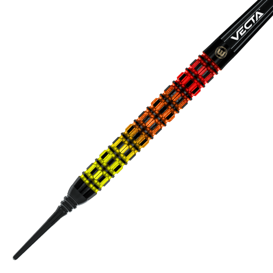 Šipky Winmau Firestorm Flame Parallel Softdarts - 20g Das Bild zeigt einen Winmau Firestorm Flame Parallel Softdart mit 20 Gramm Gewicht. Der Dart hat ein auffälliges Griffdesign in den Farben Gelb, Orange und Rot.