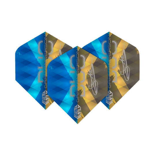 Letky Unicorn Ultrafly 100 Gary Anderson Duo Plus Das Bild zeigt drei Dartflights der Marke "Unicorn Ultrafly 100 Gary Anderson Duo Plus". Die Flights sind in den Farben Blau und Gold gestaltet und tragen den Schriftzug "Gary Anderson".