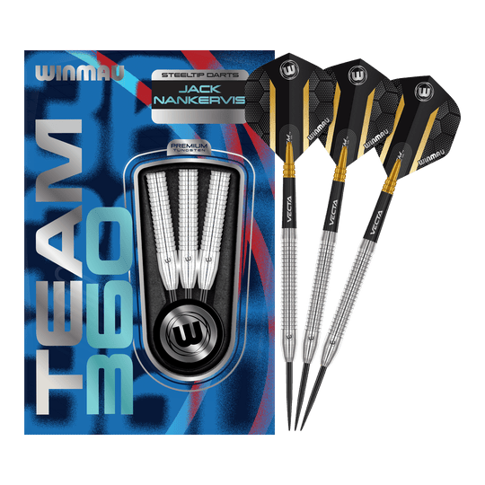 Ocelové šipky Winmau Team 360 Jack Nankervis - 24g Auf dem Bild sind die Winmau Team 360 Jack Nankervis Steeldarts mit 24g zu sehen. Diese Steeldarts bieten eine ausgezeichnete Kontrolle beim Wurf.