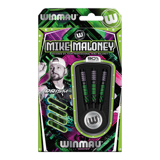 Zu sehen sind Winmau Mike Maloney Steeldarts. Dieses Dart-Set ist für den professionellen Gebrauch gedacht.