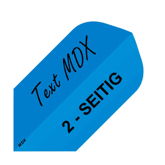 MD-456_2-Seitig_Bedruckte_Flights_Wunschtext_MDX_Blau_Slim_1 Das Bild zeigt einen blauen Dartflight mit schwarzer Aufschrift. Darauf steht „Text MDX“ und „2-SEITIG“.