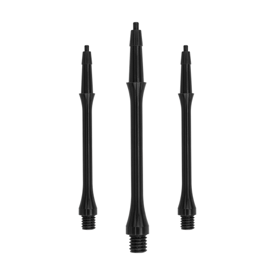 Das Bild zeigt drei schwarze Harrows Clic Slim Shafts für Darts. Sie sind schlank und haben ein Gewinde am unteren Ende zur Befestigung.