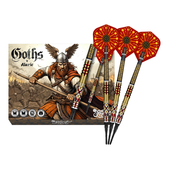 Abgebildet sind die Shot Goths Alaric Softdarts - 20g in voller Ansicht. Die gesamte Länge der Darts ist deutlich erkennbar.
