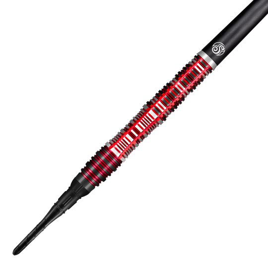 Das Bild zeigt einen Softdart namens „Shot Future Knights Dreadheart Softdarts - 20g“. Der Dart hat ein auffälliges Design mit roten und silbernen Akzenten sowie präzisen Rillen für besseren Halt.