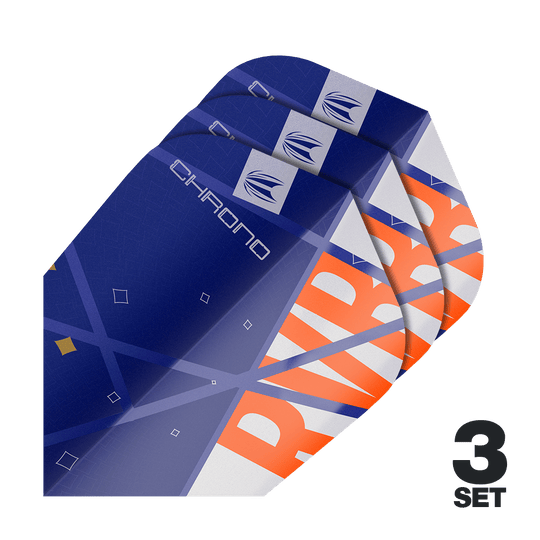 Standardní letky Target Pro Ultra Raymond Van Barneveld Chrono Ten-X - 3 sady Auf dem Bild sind drei Sätze von Target Pro Ultra Raymond Van Barneveld Chrono Ten-X Standard Flights zu sehen. Die Flights sind überwiegend blau mit orangefarbenen und weißen Akzenten gestaltet.