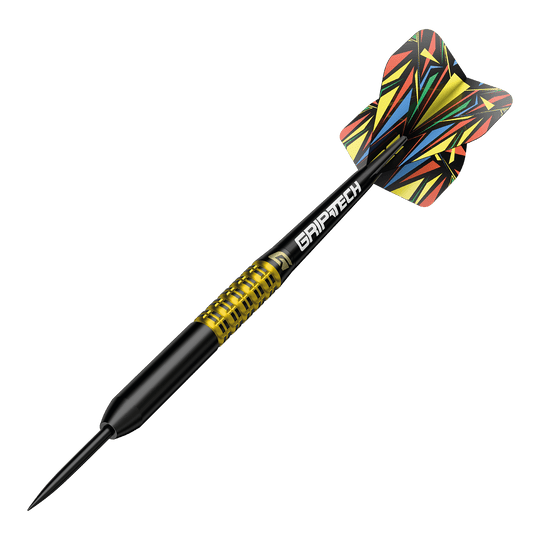 Šipky GOAT Athlete žluté wolframové oceli Hier ist ein gelber Tungsten-Steeldart abgebildet. Der Dateiname ist 'GD7000770 GOAT Athlete Yellow Tungsten Steeldarts 4'.