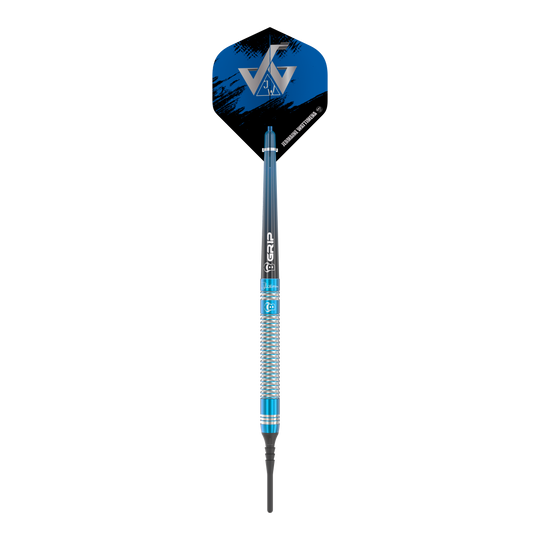 Das Bild zeigt einen Bulls Jermaine Wattimena Generation 3 Softdart mit 20g Gewicht. Der Dartpfeil hat ein auffälliges blau-silbernes Design und ein schwarzes Flight mit silbernem Logo.