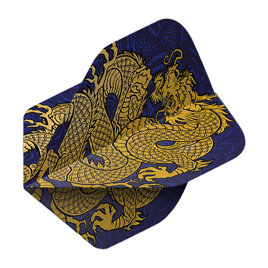 Pentathlonové lety Dragon blue Das Bild zeigt die Pentathlon Dragon 4 Standard Flights. Auf den Flights ist ein goldener Drache auf dunkelblauem Hintergrund abgebildet.