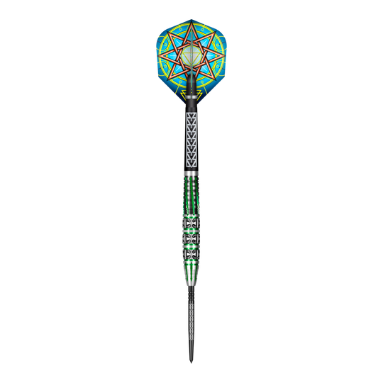 Das Bild zeigt Shot Celt Druid Turbo Point Steeldarts mit verzierten Details. Die Darts sind nummeriert dargestellt.