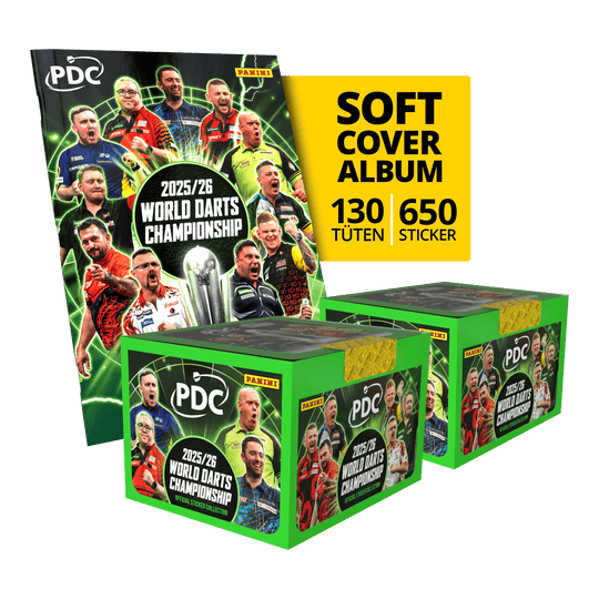 Panini PDC World Darts Championship 2025/26 - Mega balíček v měkké vazbě se dvěma krabičkami se samolepkami Gezeigt wird das Panini PDC World Darts Championship 2025/26 Softcover Mega Bundle mit zwei Stickerboxen. Das Mega Bundle bietet noch mehr Sticker zum Sammeln und Tauschen.