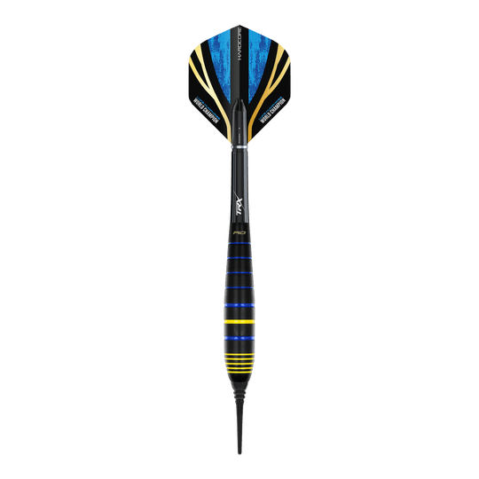 Šipky Red Dragon Luke Humphries World Champion Brass Softdarts - 20g Das Bild zeigt einen Red Dragon Luke Humphries World Champion Brass Softdart mit 20g Gewicht. Der Dart ist schwarz mit blauen und gelben Akzenten gestaltet.