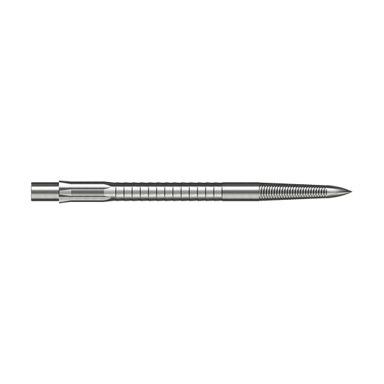 Das Bild zeigt Steeldartspitzen mit Micro Grip im Silber-Design, 40mm lang. Die Spitze ist einzeln und deutlich sichtbar dargestellt.