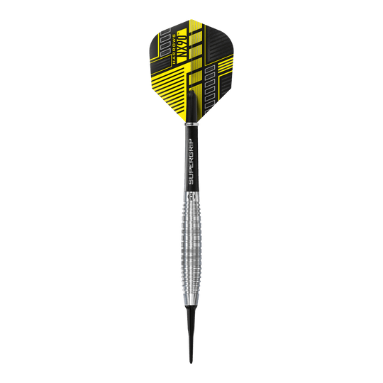 Měkké šipky Harrows NX90 Bomb Das Bild zeigt einen Harrows NX90 Bomb Softdart mit einem silbernen, geriffelten Barrel. Die Flight-Feder ist schwarz und gelb gemustert und trägt den Produktnamen.