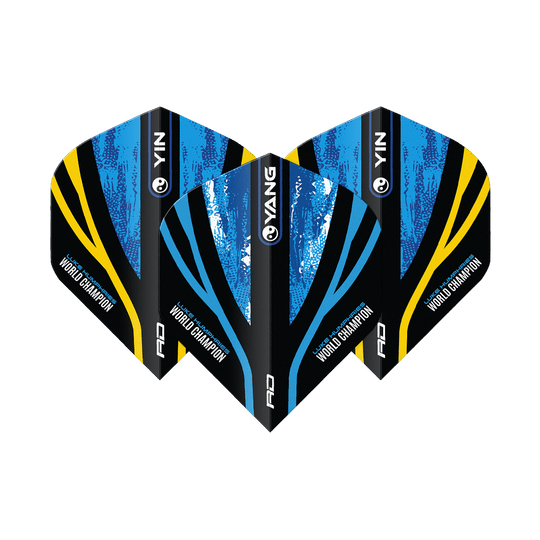 Mistr světa Red Dragon Luke Humphries, Blue Gold, Yin Yang Standard Flights Das Bild zeigt drei Dart-Flights mit dem Design "Red Dragon Luke Humphries World Champion Blue Gold Yin Yang Standard Flights". Die Flights sind in Blau, Schwarz und Gold gehalten und tragen die Aufschrift "World Champion".