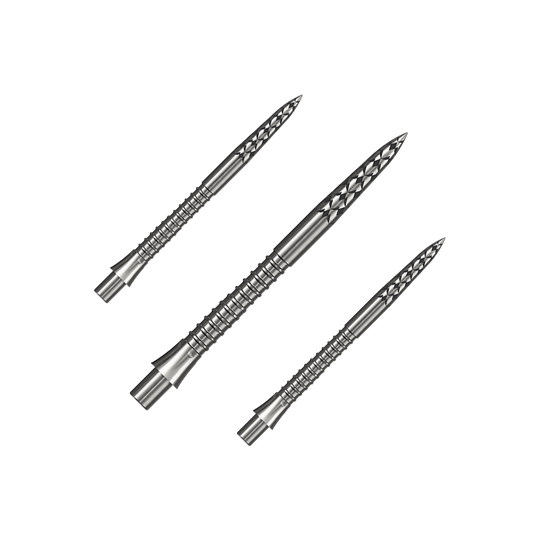 Špičky na šipky Mission Caliburn EVO s logem GV - stříbrné Ein Set silberner Steeldartspitzen ist abgebildet. Die Spitzen sind vermutlich 32 mm lang.