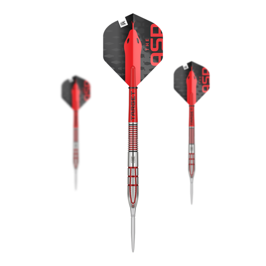 Ocelové šipky Target Nathan Aspinall GEN2 Swiss Point Das Bild zeigt drei hochwertige Steeldarts mit silbernen und roten Akzenten. Die Flights sind schwarz und rot gestaltet und tragen die Aufschrift "THE ASP."